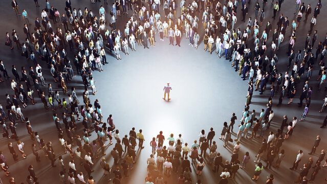 Businessman standing alone in a circle of business people making a large crowd, business and teamwork concept