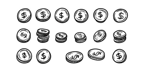 Hand-drawn doodle style dollar coins in various stacks and individual positions with sketched outlines and different angles representing money cash financial concept vector illustration