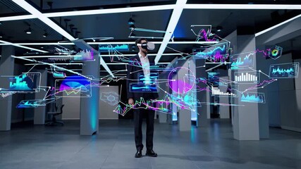 Professional in virtual reality headset explores digital data visualization in modern workspace - Powered by Adobe
