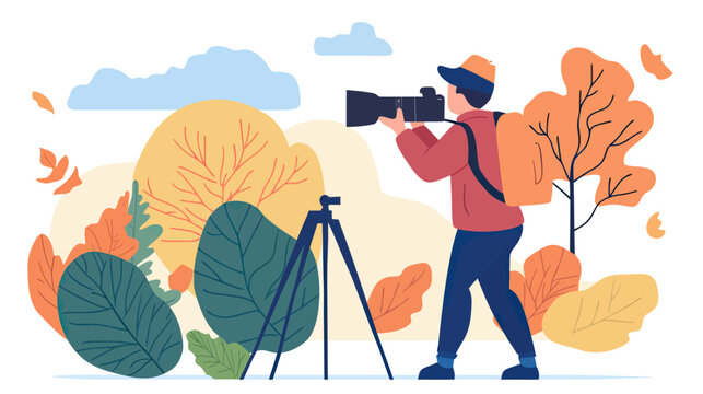 Male photographer with camera on tripod and backpack taking nature photos in autumn forest with colorful leaves and trees flat vector illustration - Powered by Adobe