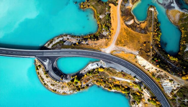 An aerial perspective showcases a dramatic road curving through vibrant turquoise glacial lakes and rugged, autumnal terrain. - Powered by Adobe