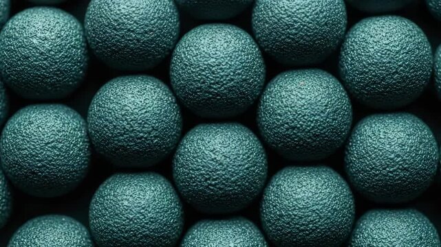 Abstract background of textured teal spheres in a repeating pattern. Macro view of bumpy round particles or a conceptual molecular structure. Modern banner for science or technology