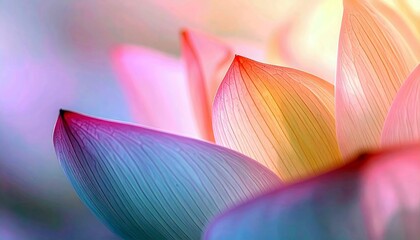 Close-up view of colorful lotus flower petals, showcasing their delicate texture and soft, diffused lighting.