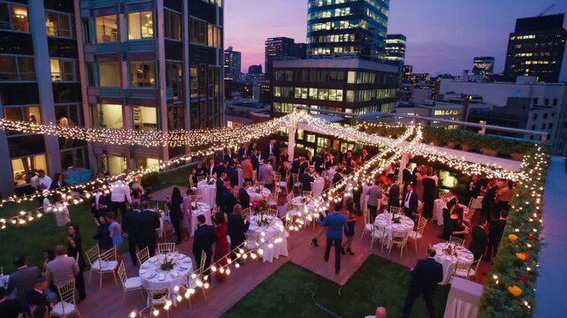 Elegant rooftop celebration at dusk featuring twinkling lights and vibrant decorations in the city