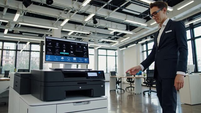 Business professional using modern printer in bright office setting during a productive workday