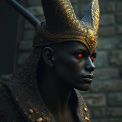 Dark warrior with red eyes and ornate headgear stands tall Generative AI