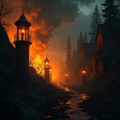 Mysterious night scene with glowing lanterns and smoky skies Generative AI