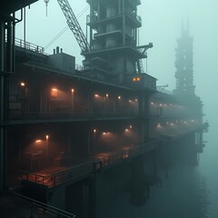 Oil rig illuminated by soft lights in foggy conditions Generative AI