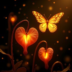 Colorful butterfly and glowing flowers create magical scene Generative AI