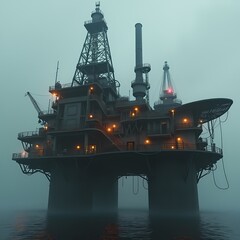 Oil rig standing tall in foggy waters at dusk Generative AI