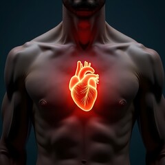 Realistic 3D illustration of a glowing heart on a muscular torso Generative AI