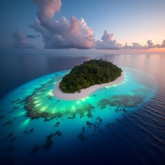 Tropical island surrounded by clear blue water at sunset Generative AI