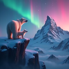 Polar bears admire the northern lights by snowy mountains Generative AI