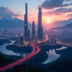 City skyline showcases beautiful sunset over river and mountains Generative AI