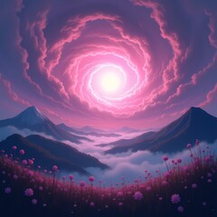 Vibrant sunset over misty mountains and blooming flowers Generative AI