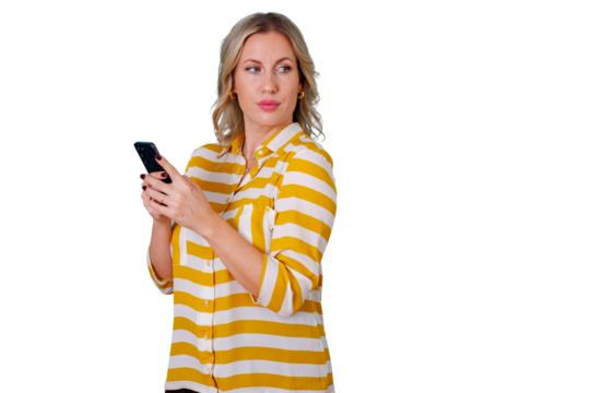 Woman text messaging on smartphone looking away thoughtfully, engaging with digital content, isolated transparent background