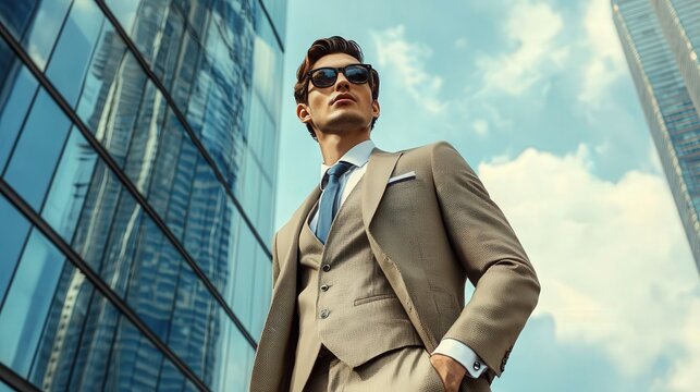 A male model in a tailored three-piece suit, posing against a modern skyscraper - Powered by Adobe