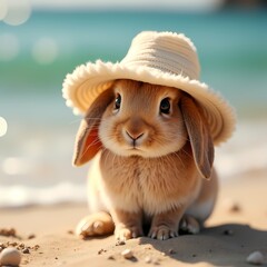 Cute bunny wearing a straw hat at the beach Generative AI