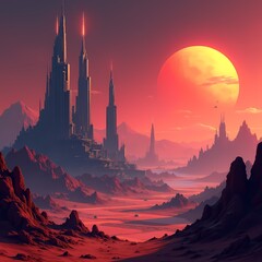 Majestic sunset over a mystical city in a distant land Generative AI