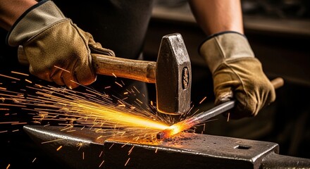 Blacksmith man forging metal with hammer on anvil. Craftsmanship and artisan working with metal. Traditional smithery