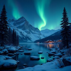 Northern lights illuminate a snowy mountain lake at night Generative AI