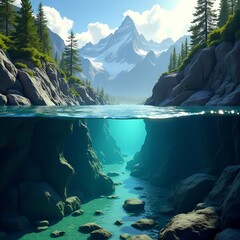 Scenic mountain landscape with clear water and forests Generative AI