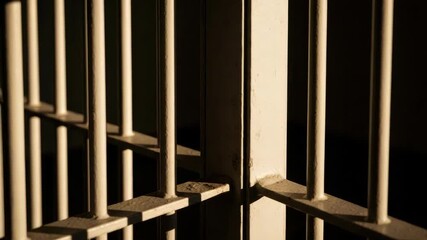 Abstract panoramic view of prison bars with dramatic shadows. Concept of confinement, justice, and incarceration creating a somber and oppressive mood for a background