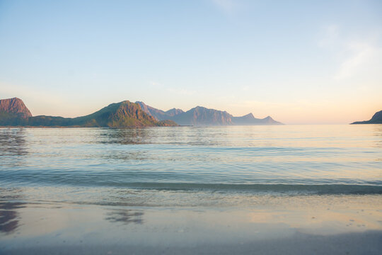 Serene midsummer twilight over Lofoten landscape