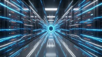 A futuristic server room with blue and white neon lights radiating from a central circle on the floor. - Powered by Adobe