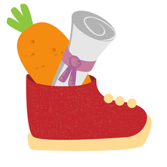 Winter Childrens red boot with carrot and letter for St Nicholas day inside, symbol of Sinterklaas. Sinterklaas cartoon hand drawn shoes with carrot and scroll. Saint Nicholas Day Dutch Holiday Poster