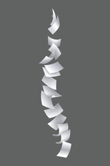 Falling paper sheets. Set of flying curved leaves of paper. Vector loose soar of notes with curled edges. Fly scattered notes, empty chaotic paperwork