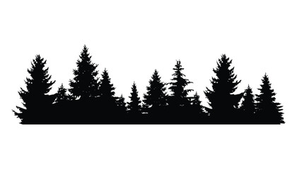 Fir trees silhouette. Coniferous spruce horizontal background pattern, black evergreen woods vector illustration. Beautiful hand drawn panorama of coniferous forest