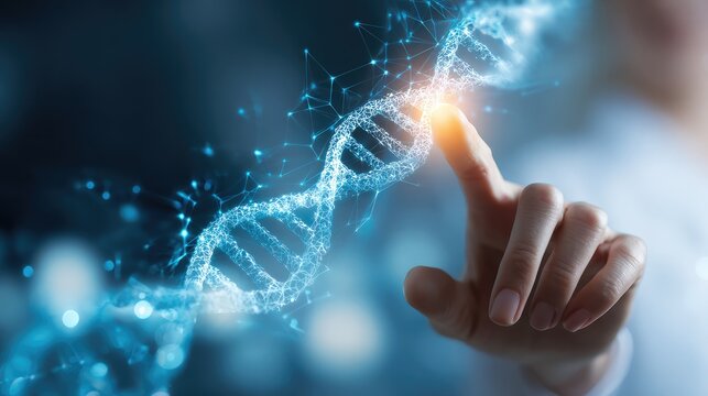 Scientist touching futuristic dna double helix in laboratory 