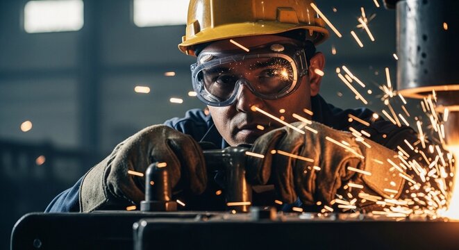 Man welder in hard hat and safety goggles working with sparks flying. Industrial manufacturing and metalworking process for heavy construction
