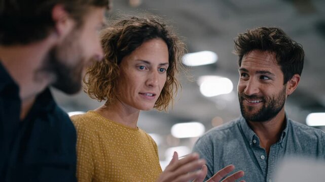 three colleagues gathered around laptop, surprised and smiling as they review prototype in modern open-plan office; product designer points at screen