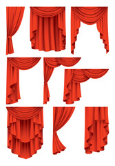 Red curtains realistic collection. Theater fabric silk decoration for movie cinema or opera hall. Curtains and draperies interior decoration object. Isolated on white for theater stage.