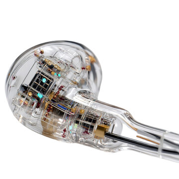 Transparent inear monitor with visible internal circuitry and components, isolated on transparent background