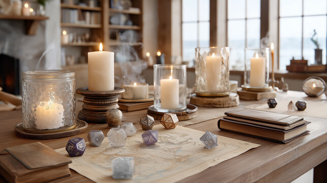 Cozy candlelit tabletop gaming setup with dice and maps in a rustic room
