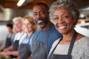 A diverse group of chefs stands together in a kitchen, smiling confidently. The atmosphere is warm and inviting, showcasing teamwork and culinary passion.