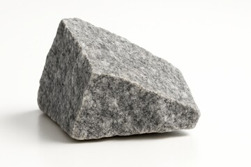 Angular granite rock segment three quarter front view on white background sharp edges with feldspar and quartz grains for geology texture and decor themes