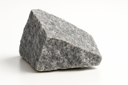 Angular granite rock segment three quarter front view on white background sharp edges with feldspar and quartz grains for geology texture and decor themes