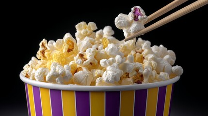 A bowl of popcorn with chopsticks in it. The bowl is yellow and purple striped