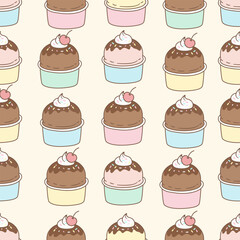 Kawaii Pastel Cupcake Seamless Pattern. Cute Chocolate & Cream Dessert Wallpaper. Seamless Vector Pattern of Cute Desserts.
