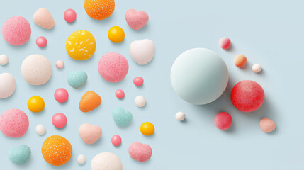 Colorful assorted candy on light blue background