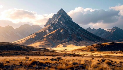 A dramatic mountain landscape at sunset, featuring a prominent peak, sunlit slopes, and a foreground of golden dry grass.