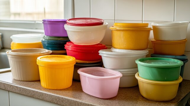 A stack of plastic containers of various colors and sizes. Concept of abundance and variety, with the different colors and shapes of the containers creating a visually interesting and diverse display - Powered by Adobe