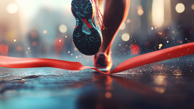 Runner Crossing Finish Line in Race on Wet Road