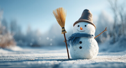 A charming snowman stands cheerfully in a bright winter landscape, illuminated by crisp morning sunlight. It wears a soft knitted hat and a cozy blue scarf, giving it a warm and friendly appearance de