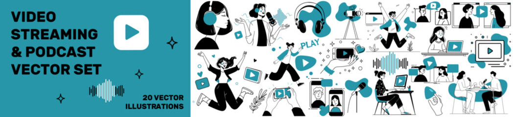 Video streaming and podcast vector set of 20 illustrations, multimedia, recording, broadcasting,  social media, shorts