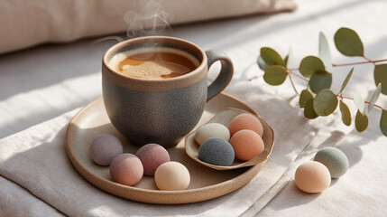 Warm coffee with colorful macarons in sunlit setting with eucalyptus leaves